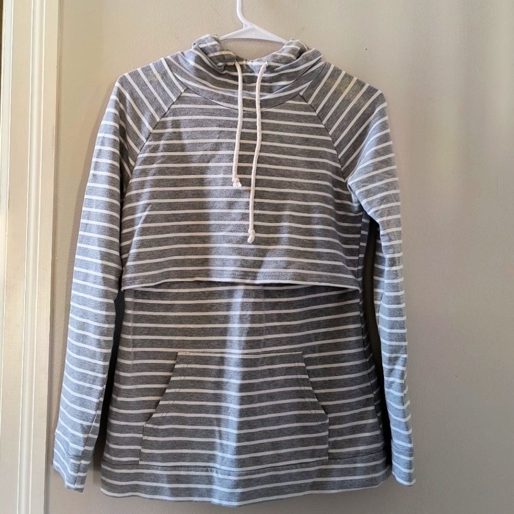 Women’s Cute Comfy Gray and White Striped Hoodie- Medium- Drawstring Hood